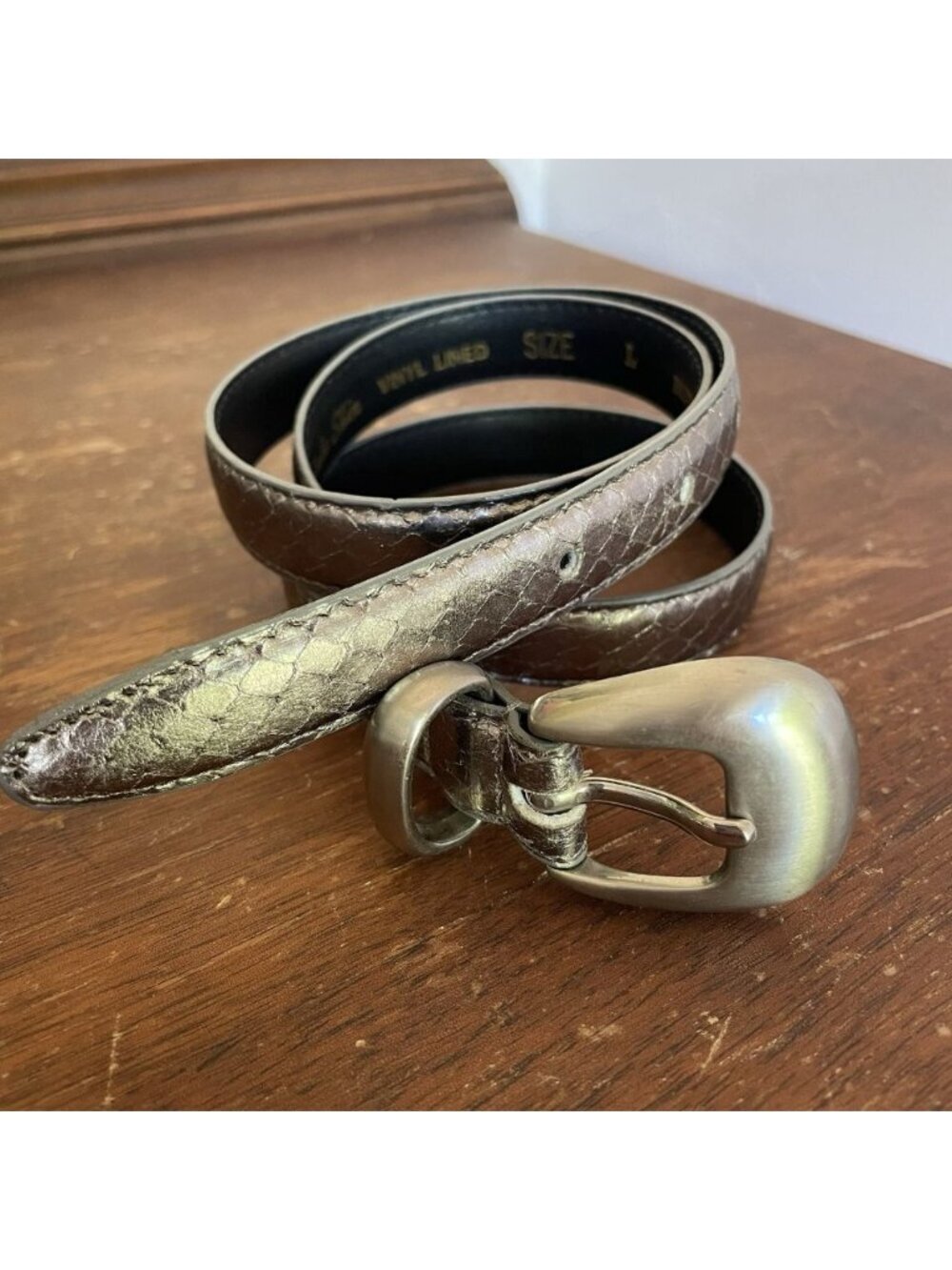Karen Scott Genuine Snake Skin/ Vinyl Line Silver Skinny Belt Sz Large 30”-32”